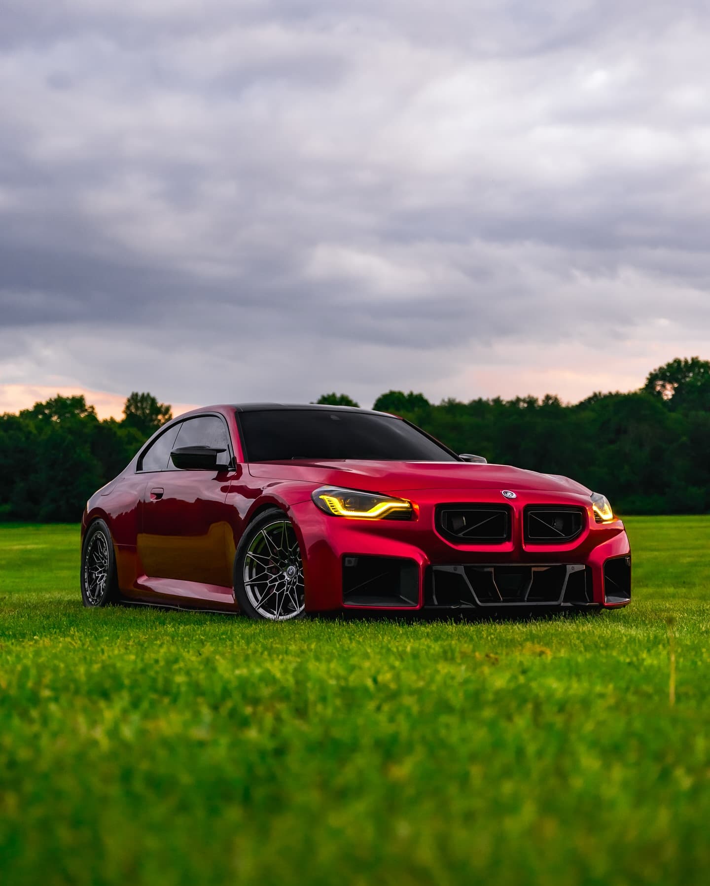 Red BMW coupe with a black roof on a grass field, headlights on beneath the evening sky.