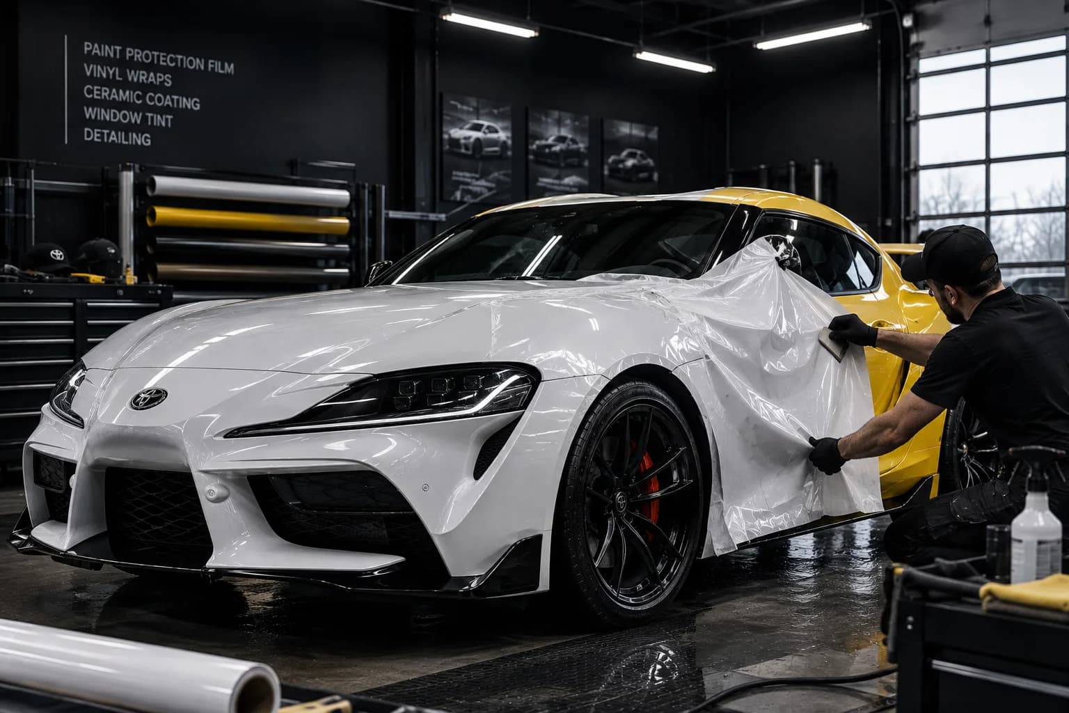Technician smoothing film over the front fender of a Toyota Supra with a squeegee.