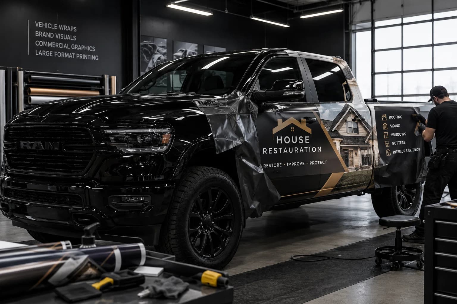 Technician installing a House Restoration commercial wrap on the bed of a black RAM pickup.