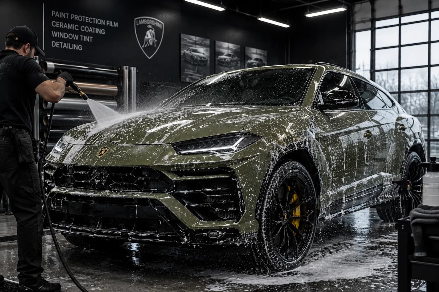 Technician foam-washing an olive-green Lamborghini Urus in the detailing bay.