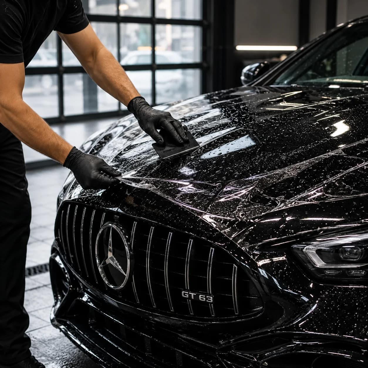 Technician applying film to the hood of a black Mercedes-AMG GT 63 in the shop.