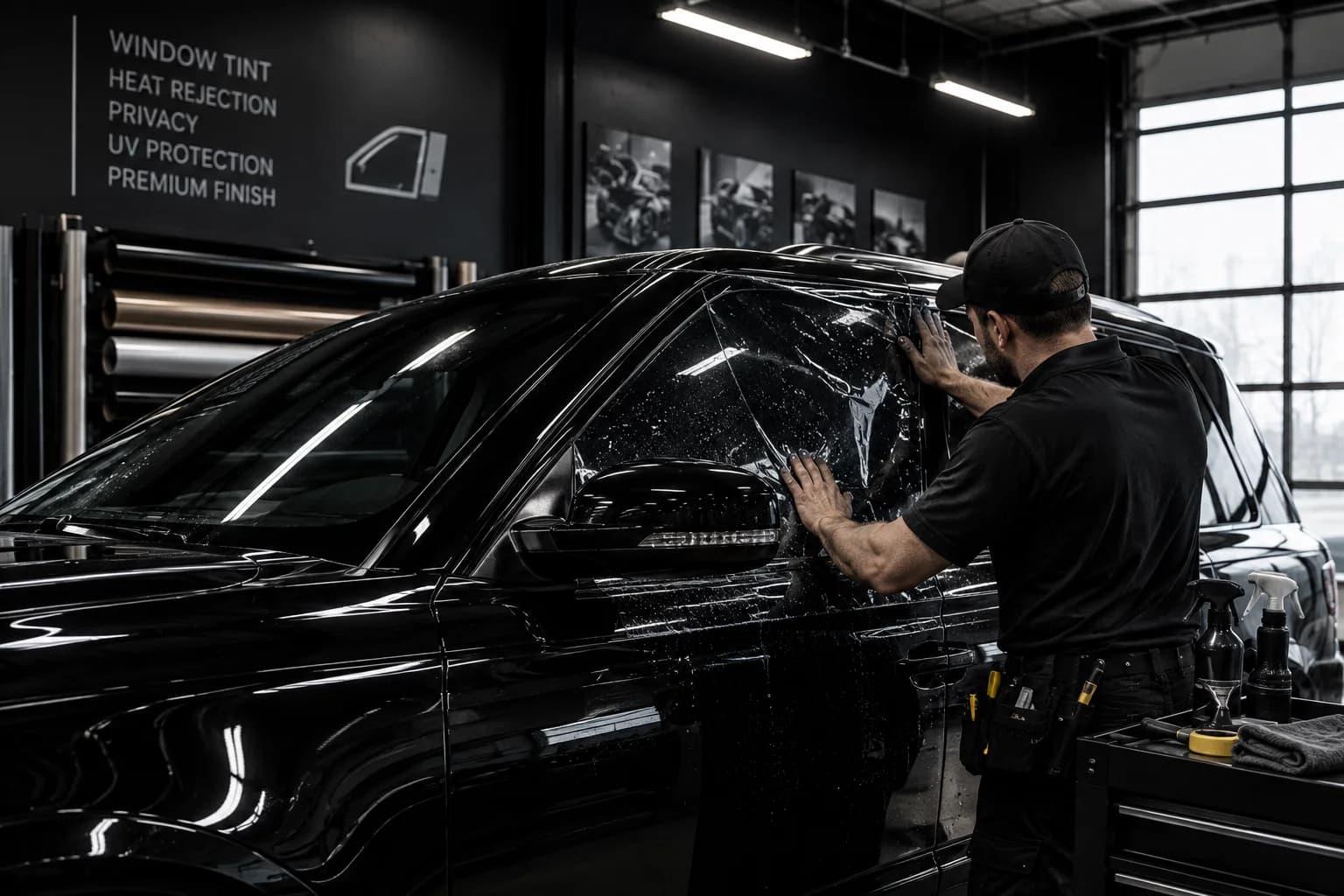 Technician applying window film to a black SUV in the tint bay.